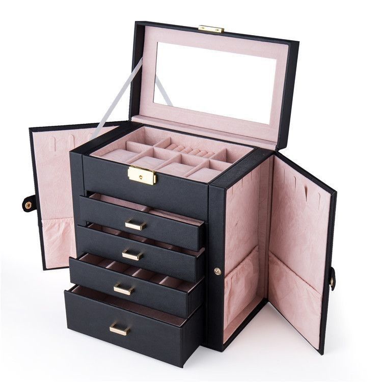 Vierkante luxe roze zwarte leder sieraden set / ring / oorbel / halsketting / armband / horloge opslag display box