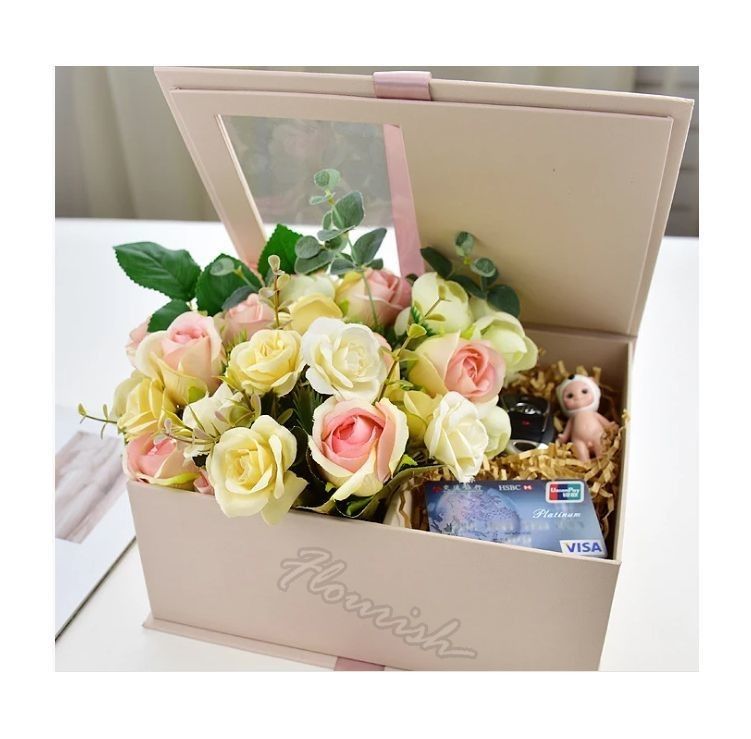 Custom kleur bloemen cadeaubon verpakking met helder raam en lint Eco-vriendelijk