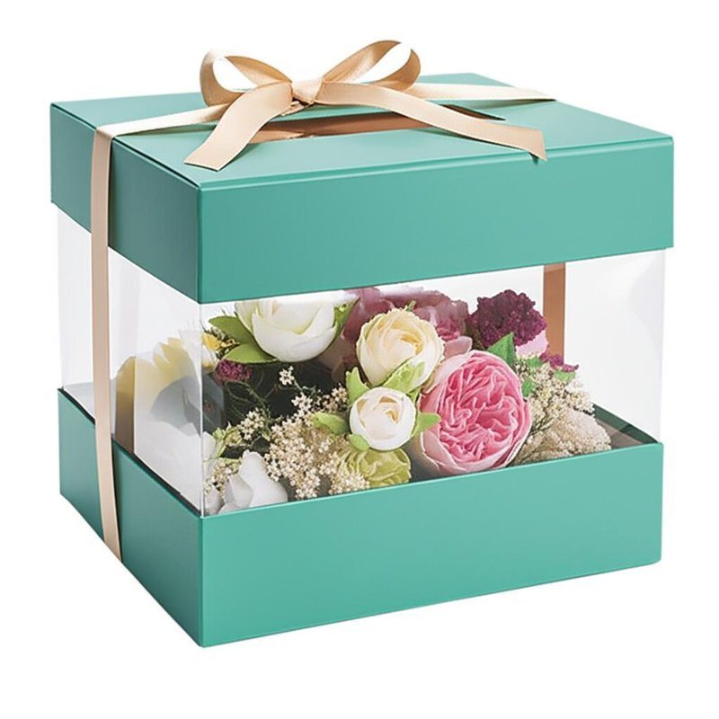 Custom kleur bloemen cadeaubon verpakking met helder raam en lint Eco-vriendelijk